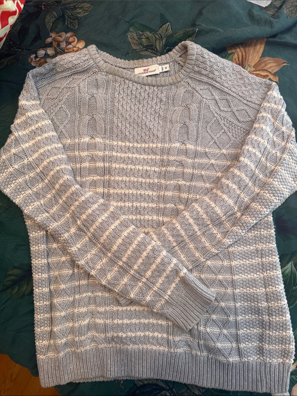 Cozy Light blue-Gray Striped Cable-Knit Women's Sweater